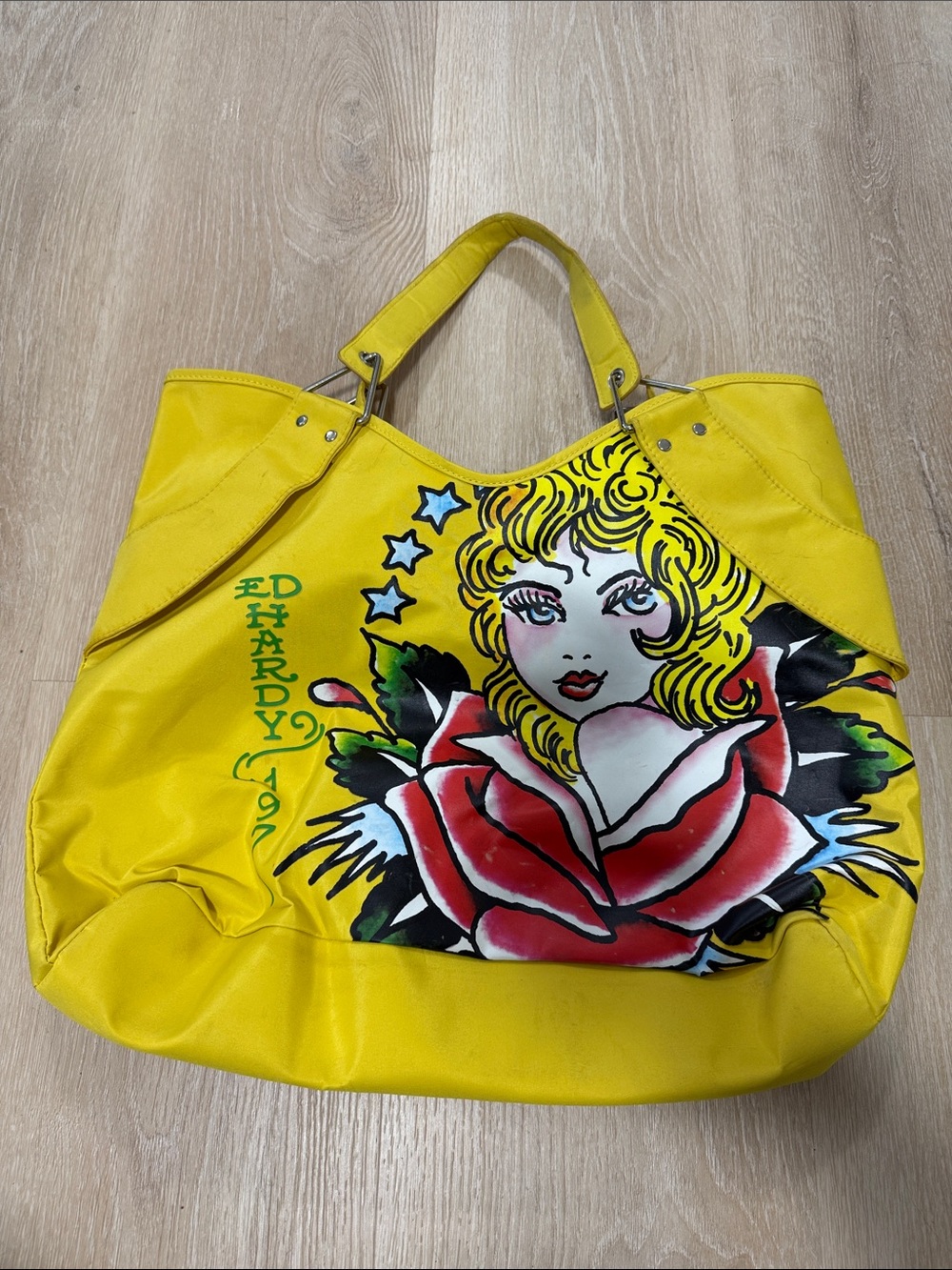 Ed Hardy Y2K Yellow Graphic Tote with Rose and Portrait